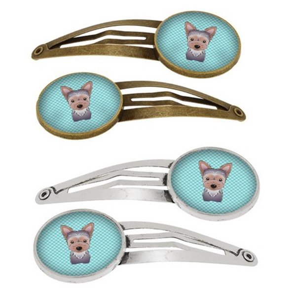 Carolines Treasures Checkerboard Blue Yorkie Puppy Barrettes Hair Clips, Set of 4, 4PK BB1170HCS4